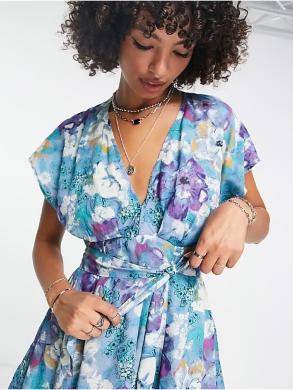 Free People Floral Gauze V-Neck Wrap Dress Teal Purple S/P
